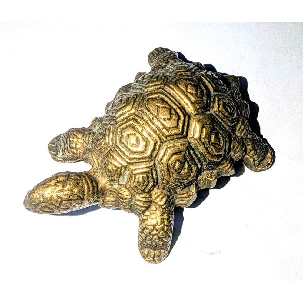 Brass Turtle Figurine Paperweight Vintage Decor 2.5 inch Shelf Sitter